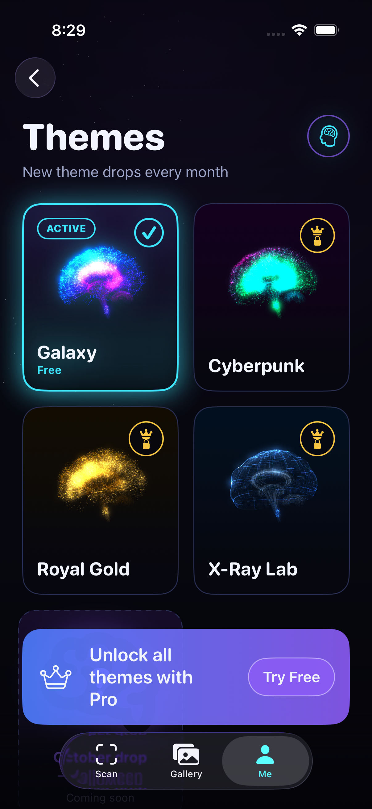 Theme gallery with Galaxy, Cyberpunk, Royal Gold and X-Ray Lab brains